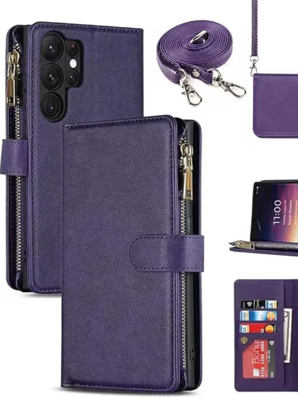 Samsung Galaxy S23 Ultra Wallet Case, Purple PU Leather Zipper Crossbody Strap